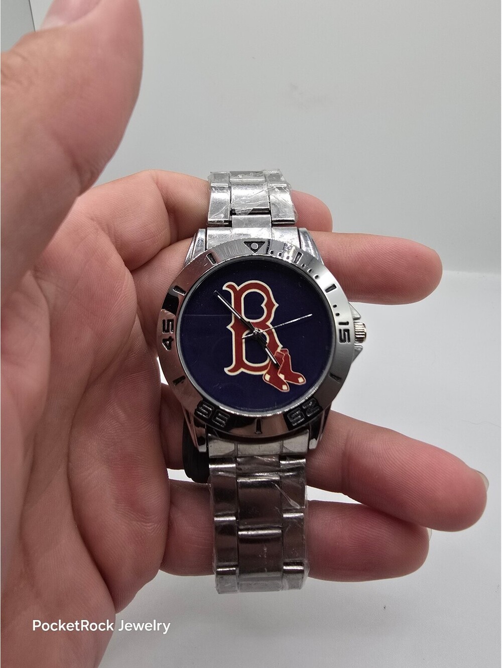 Boston Red Sox Men’s Quartz Analog Blue/Red Logo Dial Silver Metal Bracelet
